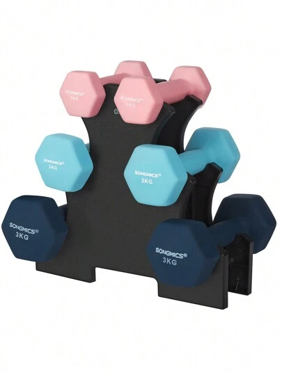 SONGMICS Kurzhantel Set, Hexagon, mit Hantelständer, 2 x 1 kg, 2 x 2 kg, 2 x 3 kg, mattes Finish, Neopren-Beschichtung, Krafttraining, zu Hause