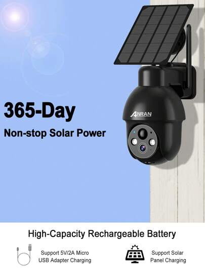 ANRAN Security Camera Outdoor Solar Wireless 360° View, Slimme Siren, Spotlights, 3MP Night Vision, AI Human Detection, Way Talk, Compatible Alexa, Q3 Zwart view 2