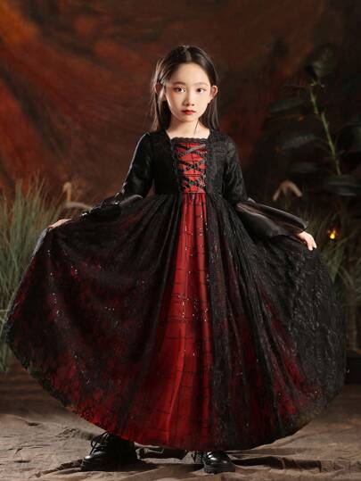 Girls' High-End Halloween Black Long Sleeve Tulle Dress