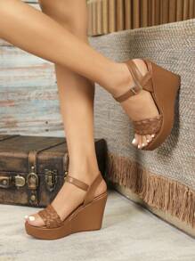 Women's Wedge Heel Thick Bottom Platform Sandals - Coffee Brown - View 5