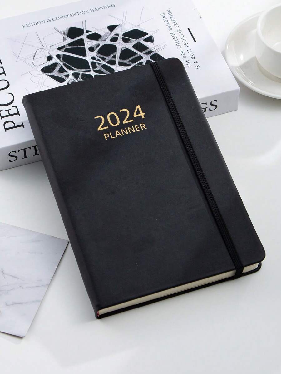 1pc A5 Size Thick Hardcover Notebook With Strap, 2024 English Planner With 180 Sheets (360 Pages) Thickened Schedule Book, Monthly Index Notebook And 365 Days Time Management Journal - Black - View 1