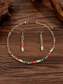 1套多色聚苯乙烯方形吊墜項鍊和耳環 - 彩色 - 查看 3