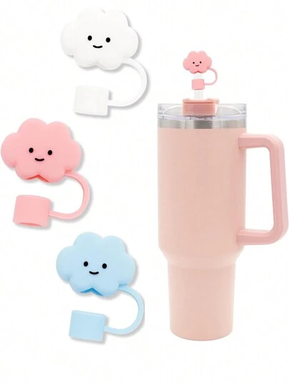 1/3/6 件吸管盖 + 玻璃吸管套装，可爱云形吸管盖，硅胶可重复使用防尘吸管盖，适用于 8mm-10mm 吸管。吸管塞盖，厨房，圣诞礼物