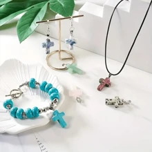 30pcs Cross Stone Pendants Natural & Healing Chakra Crystal Charms&Black Leather Necklace Chain Jewelry For Men And Women - Multicolor - View 6