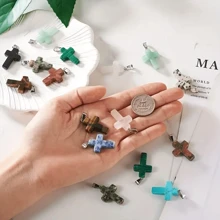 30pcs Cross Stone Pendants Natural & Healing Chakra Crystal Charms&Black Leather Necklace Chain Jewelry For Men And Women - Multicolor - View 3