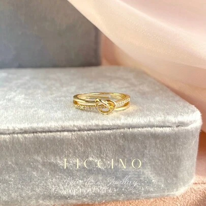 FICCINO Hình trái tim Dây thừng Khóa Nhẫn mạ vàng Với Khối Zirconia  , Mở có thể điều chỉnh Nhẫn Đối với phụ nữ , Mặc hàng ngày Phụ kiện , Qủa tặng Có hộp