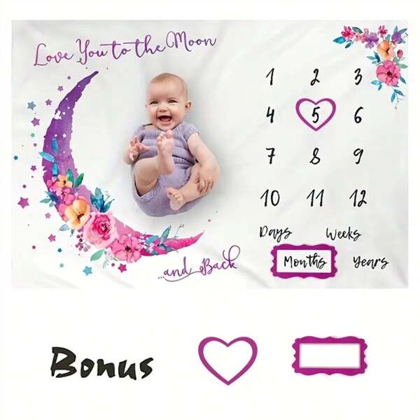 1pc Pink Floral & Moon Patterned Polyester Newborn Baby Swaddle Blanket For Month Photography Baby Shower Family Decorations Giftsbaby Shower Easter Gift Sthings For Girls/Boys