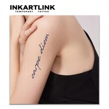 Inkartlink 3*12 公分 1 件 Carpe Diem 草藥汁臨時紋身，魔法紋身，15 天紋身，半永久紋身，逼真假紋身，1-2 週持久 - 黑色 - 查看 2
