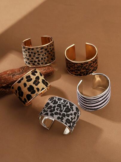 1pc Fashionable Metal & Leopard Texture Pu Leather Cuff Bracelet