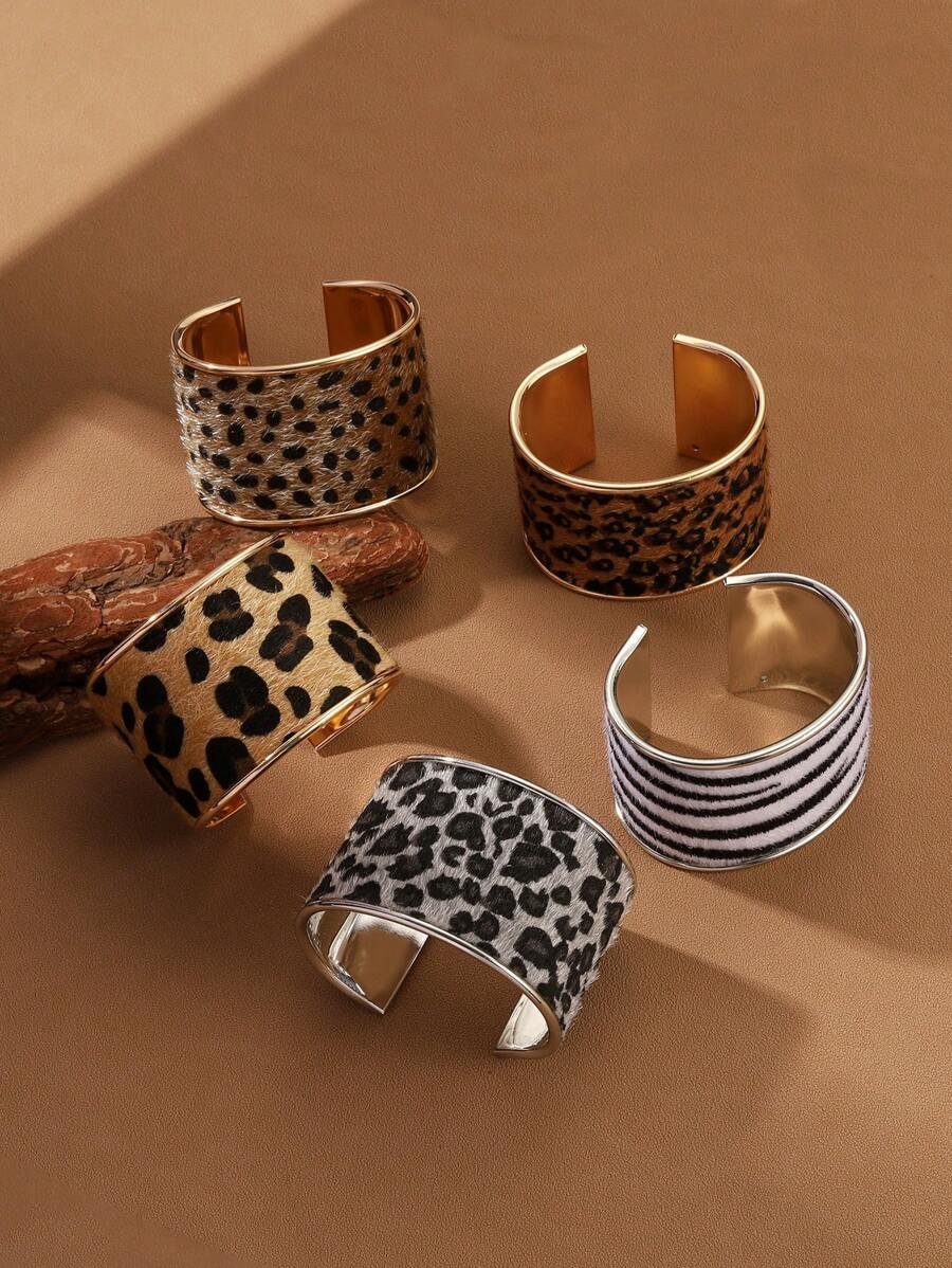 1pc Fashionable Metal & Leopard Texture Pu Leather Cuff Bracelet