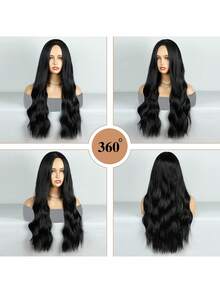24 英寸女士长款黑色假发天然合成发合成假发蓬松波浪假发耐热