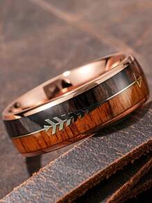 1pc Fashion 8mm Men's Rose Gold Color Stainless Steel Arrow Rings For Men Inlaid Koa Wood Rings Wedding Band Jewelry Gift - Multicolor - View 3