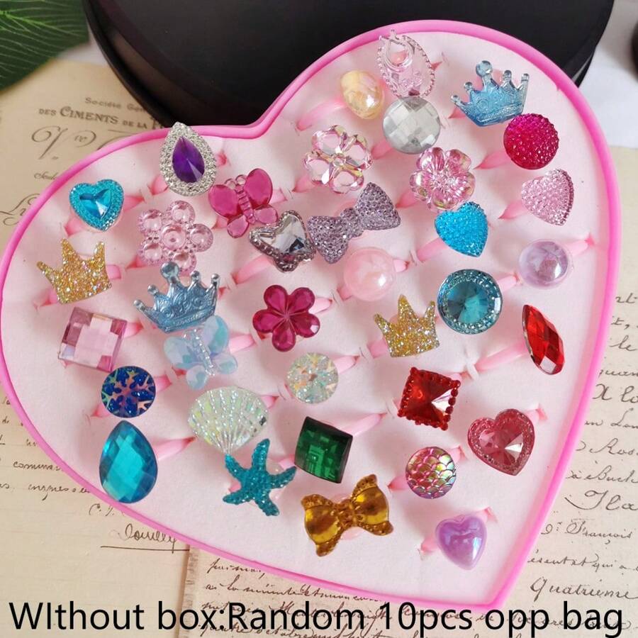10pcs/pack Kids' Resin & Acrylic Rhinestone Decor Ring, Fashionable Girl's Ring - Multicolor - View 1