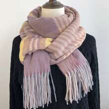 1入條紋和花卉印花大手帕,流行的冬季保暖披肩圍巾頸部保暖器,加厚,時尚中性經典風格,超大尺寸,適用於四季,頭巾,綠黃紅粉灰黑,新品到貨