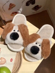 Của phụ nữ Mùa Đông Trong nhà Plush ấm áp Mở ngón chân Giày dép Với Dễ thương Chó Thiết kế - Màu be - Xem 1