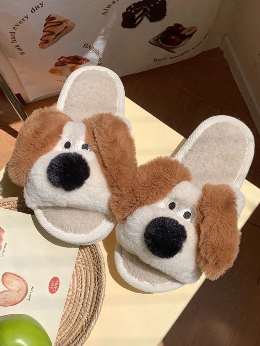 Của phụ nữ Mùa Đông Trong nhà Plush ấm áp Mở ngón chân Giày dép Với Dễ thương Chó Thiết kế - Màu be - Xem 1