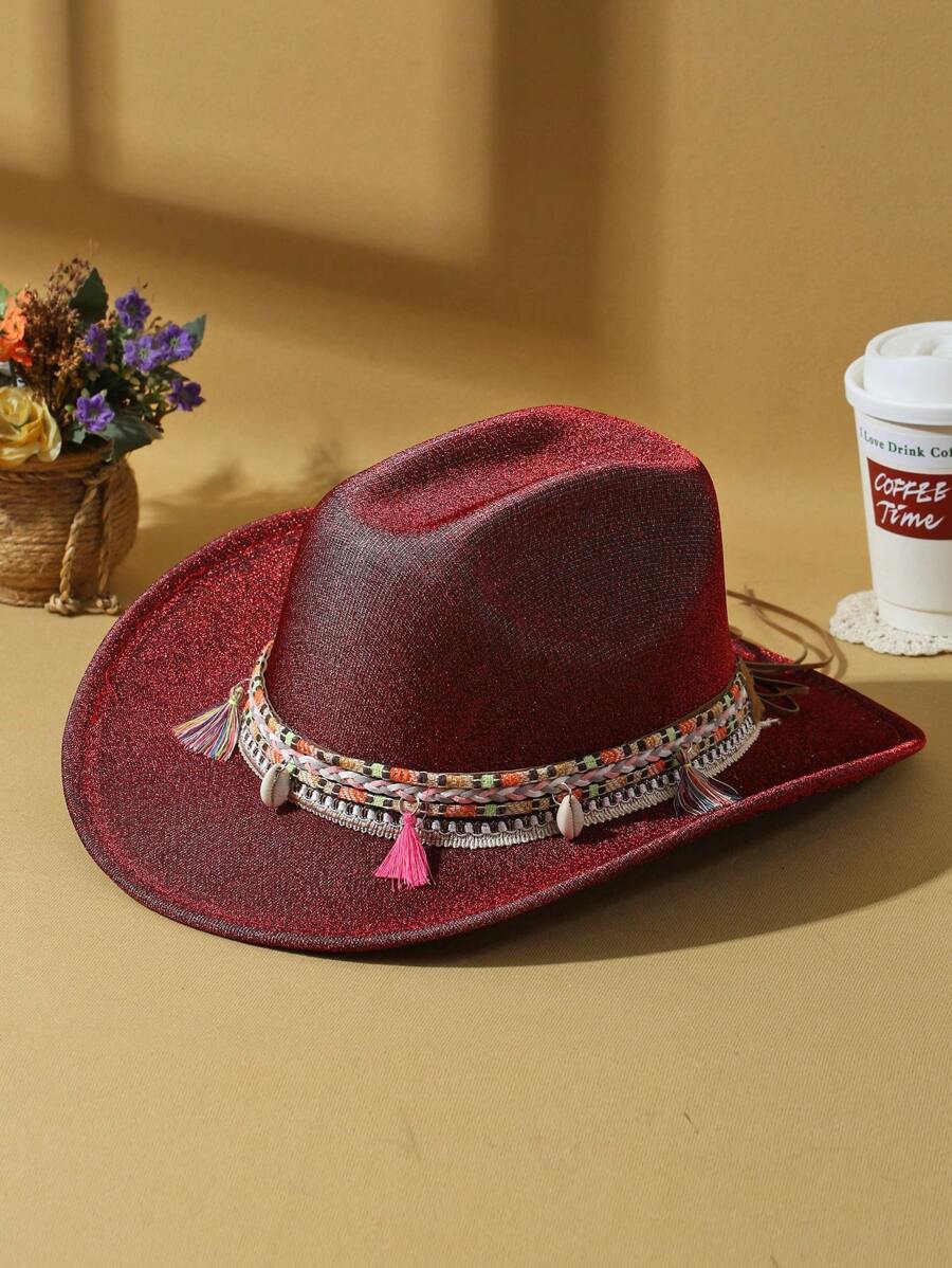 1 件女式粉色流苏装饰纯色波西米亚山脊软毡帽牛仔帽爵士巴拿马帽牛仔帽软呢帽西部牛仔风格帽子适合派对