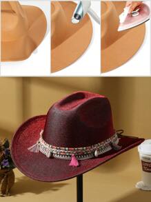 1 件女式粉色流苏装饰纯色波西米亚山脊软毡帽牛仔帽爵士巴拿马帽牛仔帽软呢帽西部牛仔风格帽子适合派对 - 紅色 - 查看 6