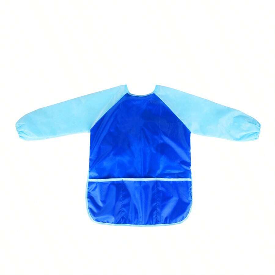 1件藍色兒童藝術罩衫,適用於繪畫、diy和用餐,帶有長袖