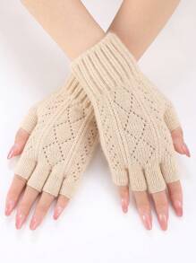 1双女士钻石镂空时尚百搭针织露指手套，保暖防风，适合秋冬季 - 米色 - 查看 2