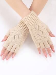 1双女士钻石镂空时尚百搭针织露指手套，保暖防风，适合秋冬季 - 米色 - 查看 4