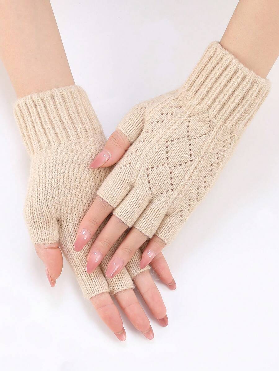 1双女士钻石镂空时尚百搭针织露指手套，保暖防风，适合秋冬季 - 米色 - 查看 1