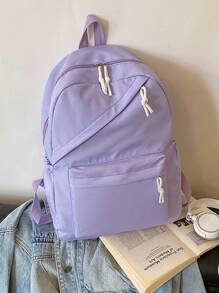 1 件装 简约纯色 女童背包 背包 青少年书包 旅行背包 休闲背包 - 紫色 - 查看 3