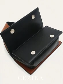 CEZIRA 時尚雙色扭轉手柄方形蓋子手提袋,小號pu素面人造皮革可調長帶斜背手提包,優雅百搭全季適用女性手袋 - 黑色 - 查看 5