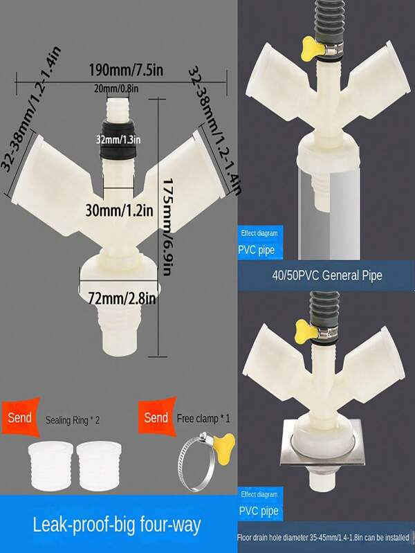 1pc Pvc Pipe Y Connector With Seal For Washing Machine Drain Hose And Floor Drain, Antiodor