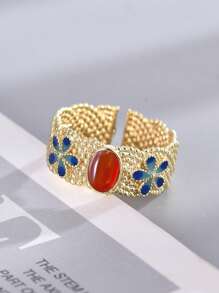 Gold-Plated Ring Women Open Adjustable Filigree Inlaid Burnt Blue Ring Braided Style - Gold - View 1
