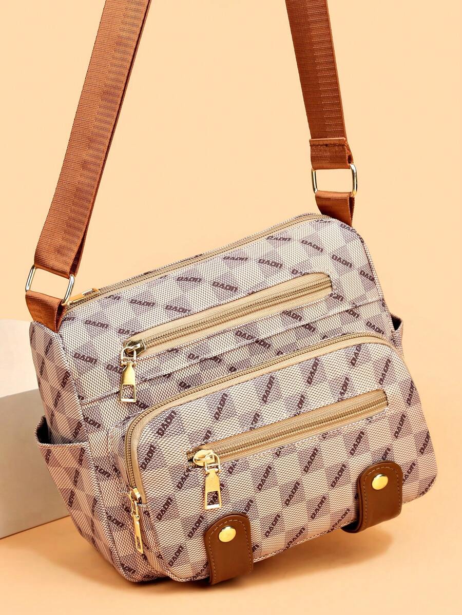 格子圖案斜背包,女式多口袋皮夾,鉚釘裝飾人造皮革肩背包 - 米色 - 查看 1