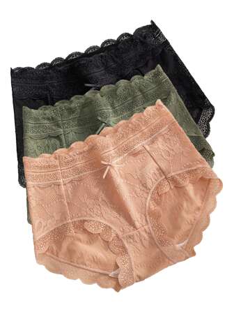3pcs/Set M-XL Women Sexy Lace Panties, Thin Briefs, Mid-Waist Underwear
