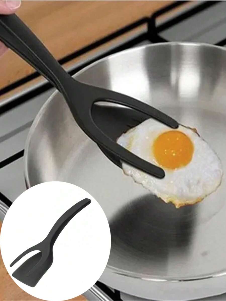 1入組多功能二合一牛排/煎蛋/鬆餅翻轉器和食品夾和麵包鉗廚房工具 - 黑色 - 查看 1