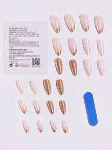 用24入組杏仁形壓克力假指甲，金色法式尖和雪花印花設計升級你的造型，適用於秋季和聖誕節，提供假指甲指甲補給 - 金色 - 查看 2