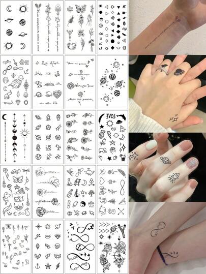 1set 20pcs Small Pattern Waterproof & Sweatproof Temporary Tattoo Stickers With Sun, Moon, Universe, Flowers For Men Women Finger, Arm, Face, Clavicle, Simple Style