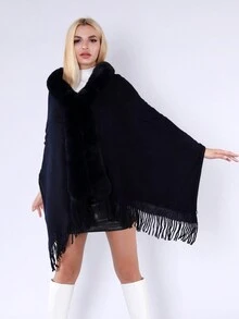 Women's Thickened Collar Poncho With Fringe Trim Shawl, Windproof & Sunproof, Suitable For Daily, Vacation, Party, And Travel - Navy Blue - View 2