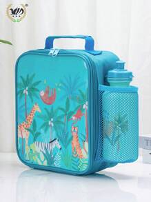 1pc Cartoon Animal Pattern Lunch Bag, Cute Fabric Portable Lunch Bag For Work, Office, School - Cadet Blue - View 4