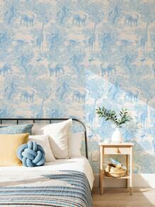 1張藍色藝術牆壁背景牆紙,戶外風景牆紙深林大象長頸鹿動物牆紙,家居裝飾牆紙 - 藍色 - 查看 1