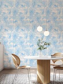 1張藍色藝術牆壁背景牆紙,戶外風景牆紙深林大象長頸鹿動物牆紙,家居裝飾牆紙 - 藍色 - 查看 2