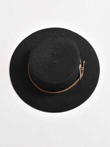 女性鑲嵌水晶r字母皮質扣環裝飾草帽,夏季戶外旅行防曬帽 - 黑色 - 查看 2