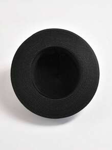 女性鑲嵌水晶r字母皮質扣環裝飾草帽,夏季戶外旅行防曬帽 - 黑色 - 查看 3