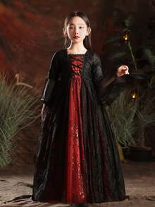 女孩高端万圣节黑色长袖薄纱连衣裙 - 黑色 - 查看 8