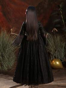 女孩高端万圣节黑色长袖薄纱连衣裙 - 黑色 - 查看 5