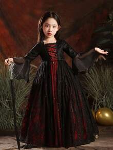 女孩高端万圣节黑色长袖薄纱连衣裙 - 黑色 - 查看 3