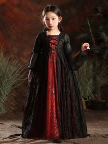 女孩高端万圣节黑色长袖薄纱连衣裙 - 黑色 - 查看 6