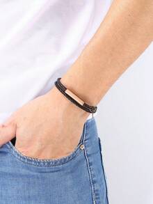 1 Miếng Cao-kết thúc Da đen Vòng tay Cho nam giới Với Thép Titan Khóa - màu đen - Xem 2