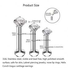 3Pcs 16G Fashion Stainless Steel Labret Piercing Jewelry Crystal CZ Monroe Nose Lip Studs Helix Tragus Conch Cartilage Earrings 6/8/10mm