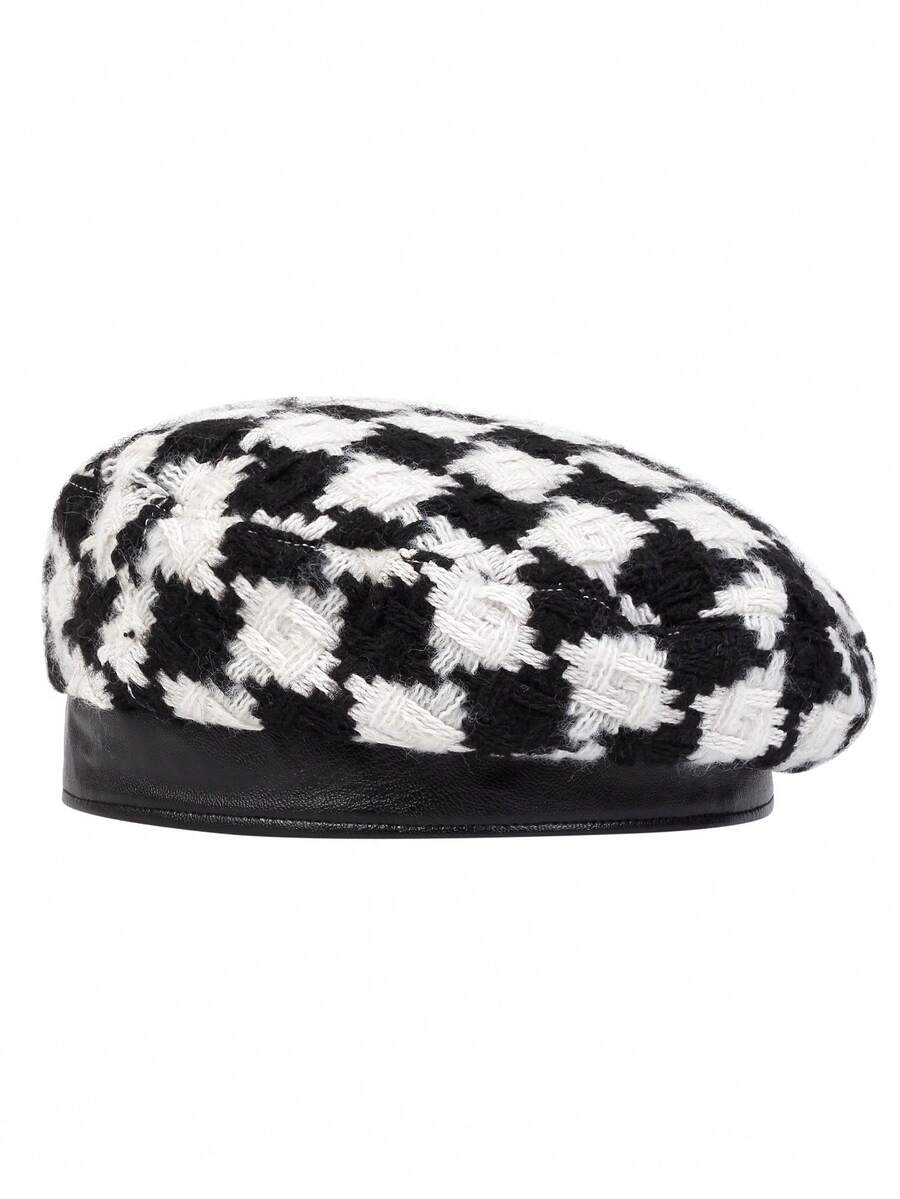 1 件裝女式黑白格子貝雷帽,冬季格子報童帽適合戶外休閒、街頭和商務派對場合
