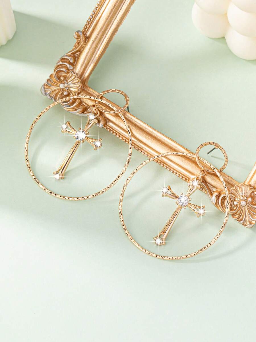 1pair Gothic Style Exaggerated Cross Geometric Circle Stud Earrings Suitable For Women - Yellow Gold - View 1