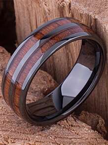 1pc Fashion 8mm Men Black Color Stainless Steel Wedding Rings For Men Women Dome Polished Koa Wood Inlay Stainless Steel Rings Men Wedding Band Jewelry - Multicolor - View 3